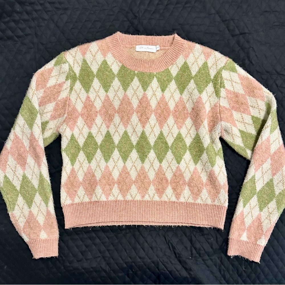 All in Favor Pastel Argyle Crewneck Sweater in Pink, Green & Cream